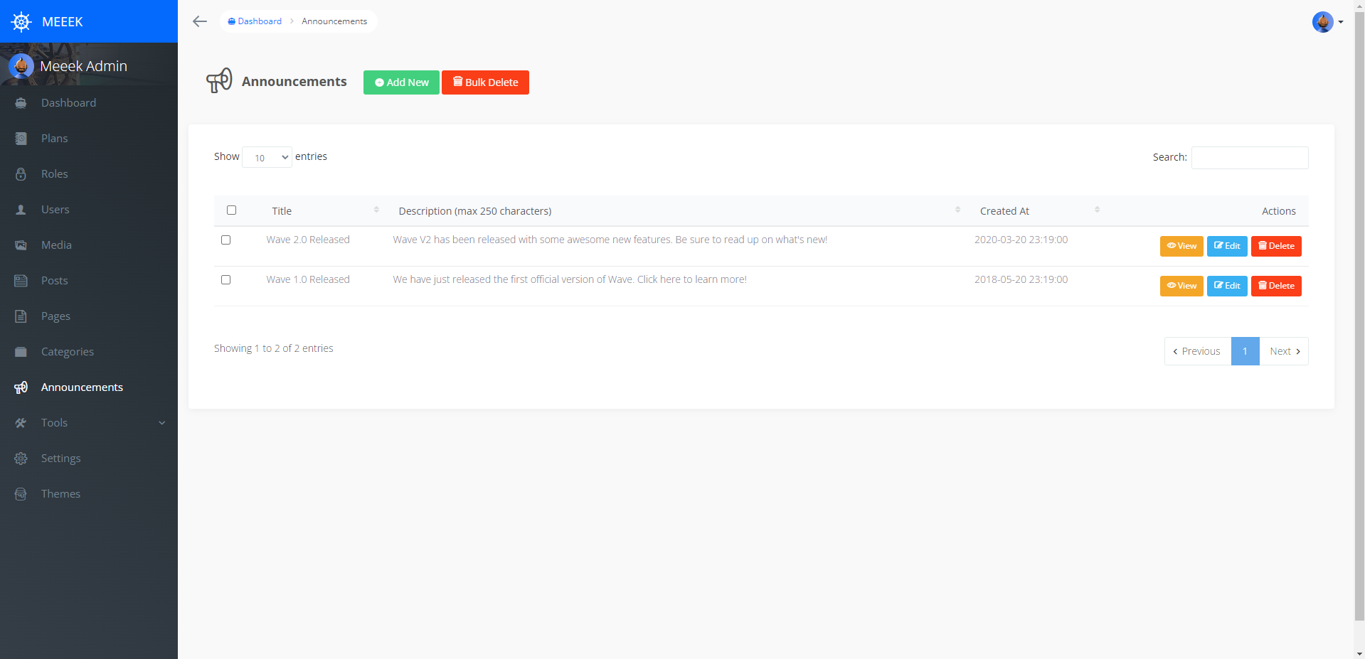 Admin Dashboard Announcements