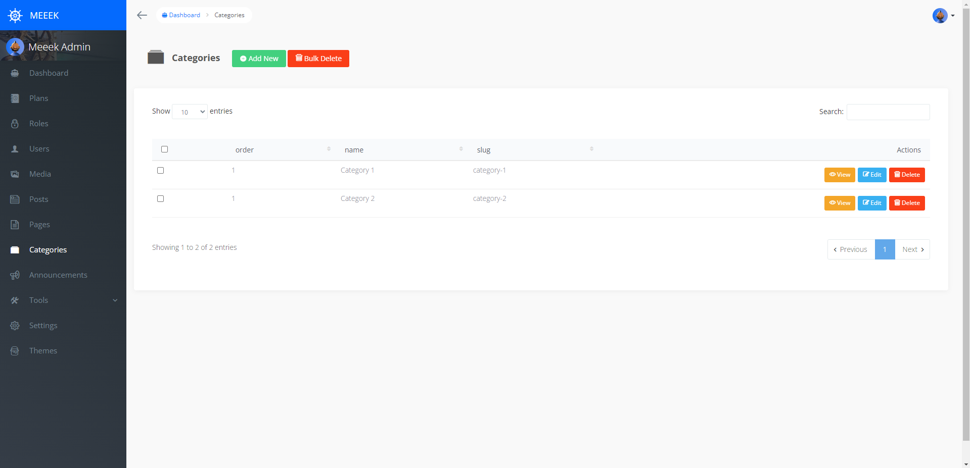 Admin Dashboard Categories