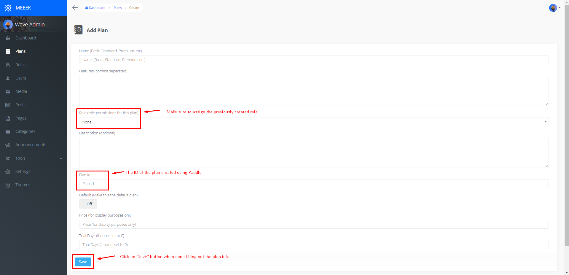 Admin Dashboard Create Plan