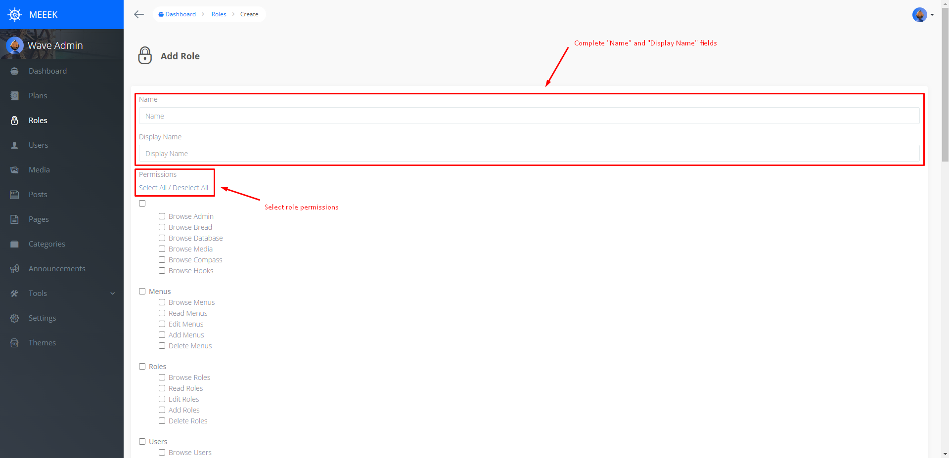 Admin Dashboard Create Role