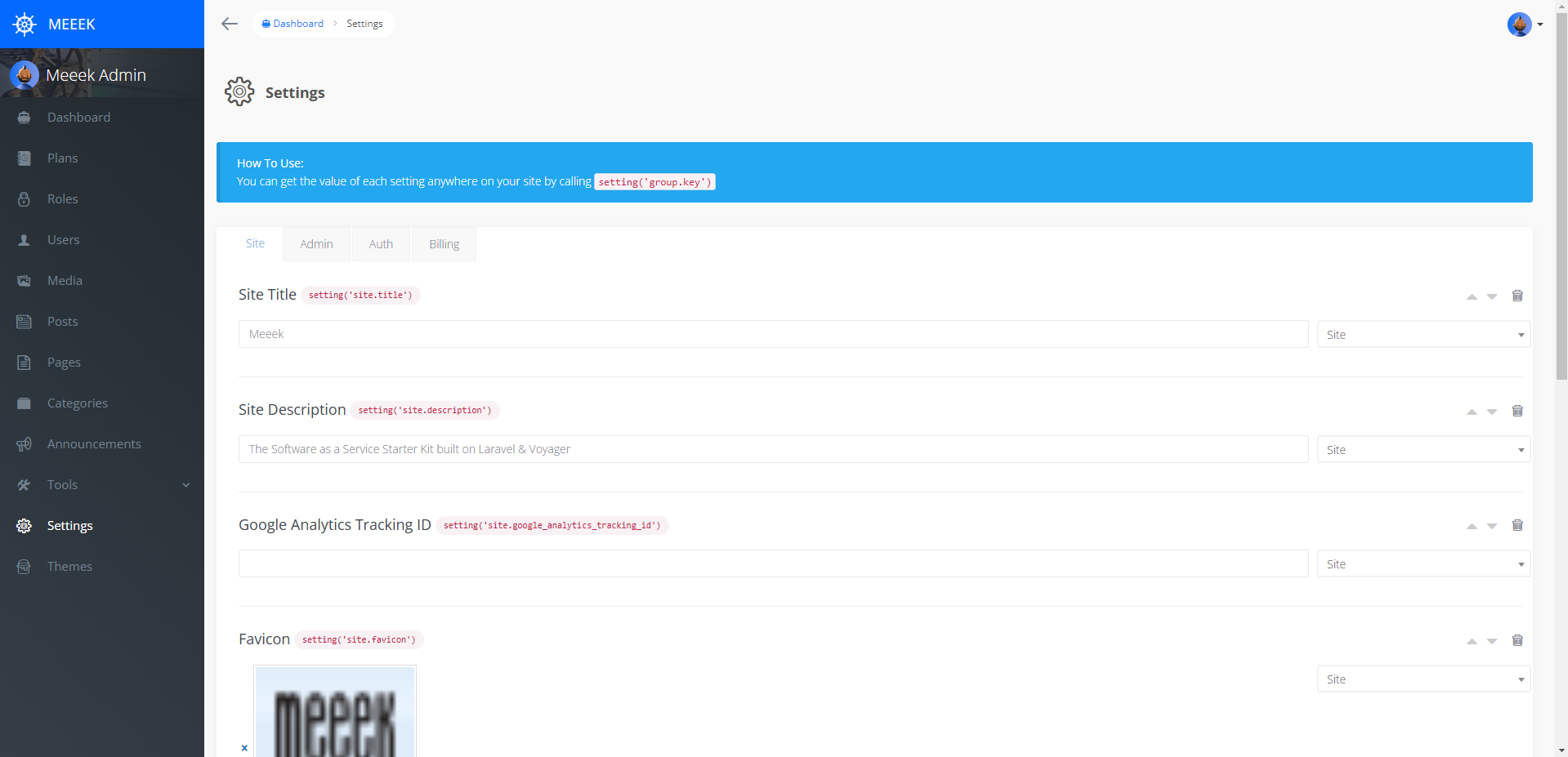 Admin Dashboard Settings