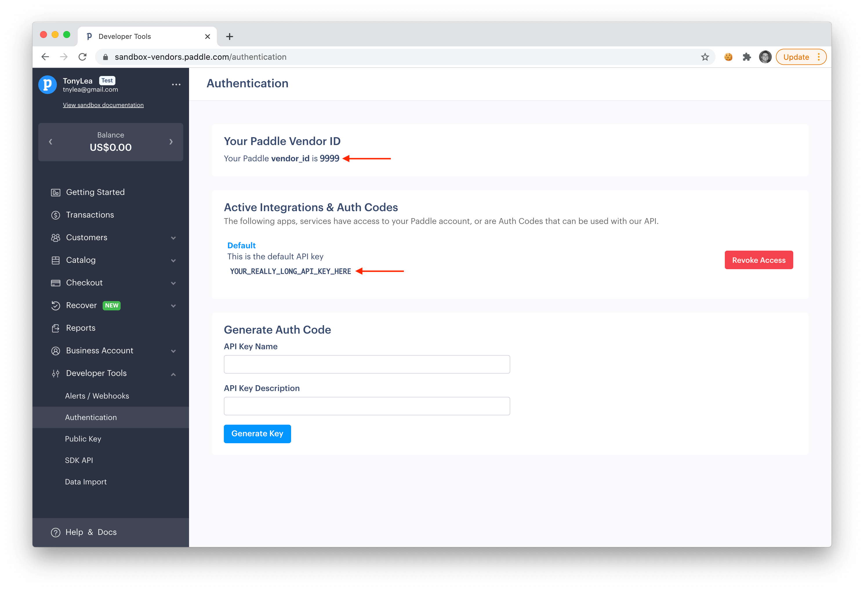 Paddle API Credentials