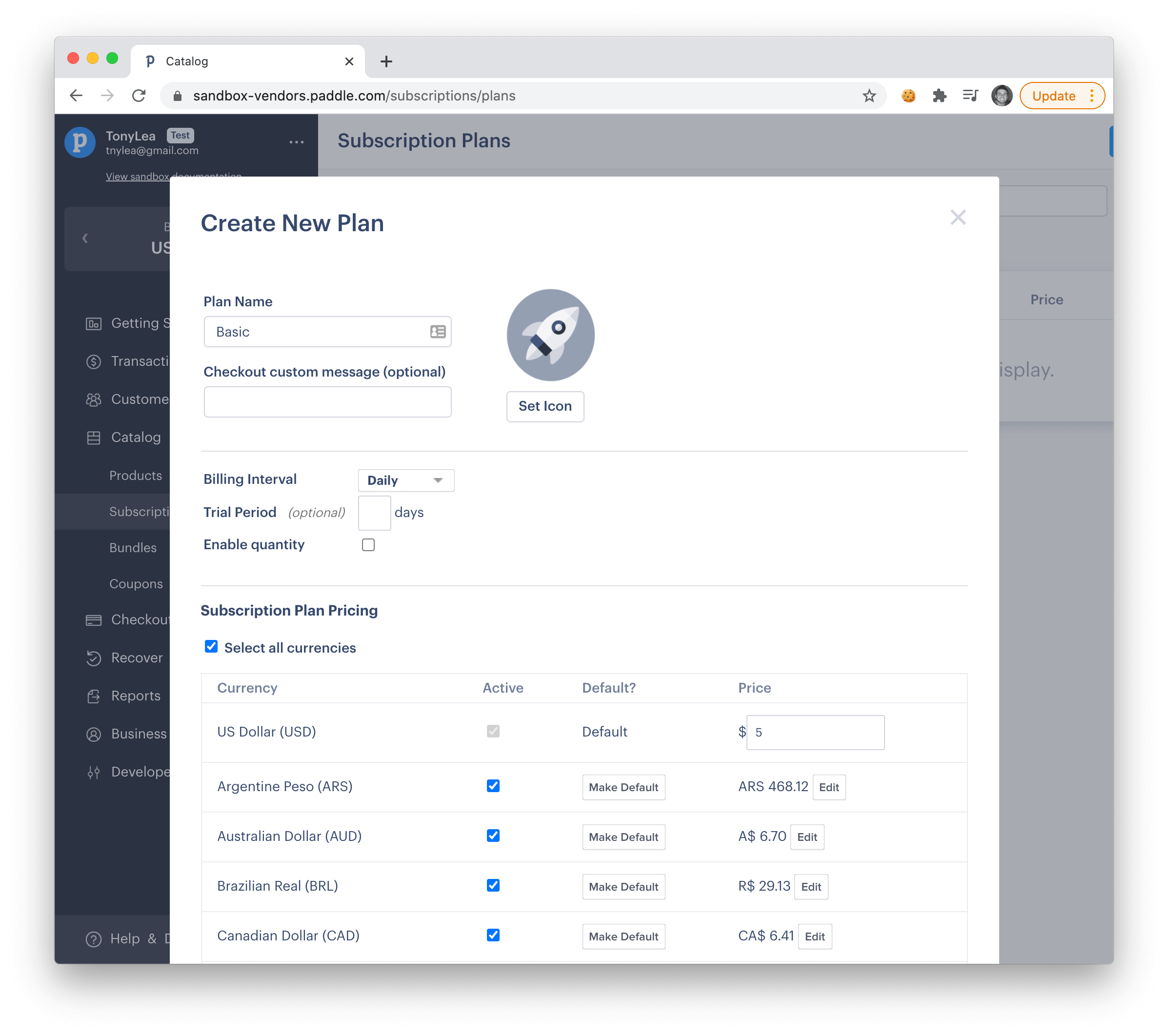 Paddle Dashboard Create Plan