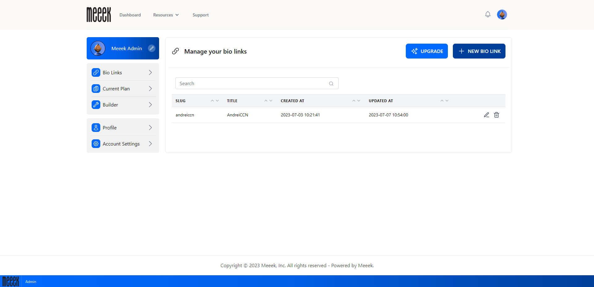 User Dashboard Bio Links