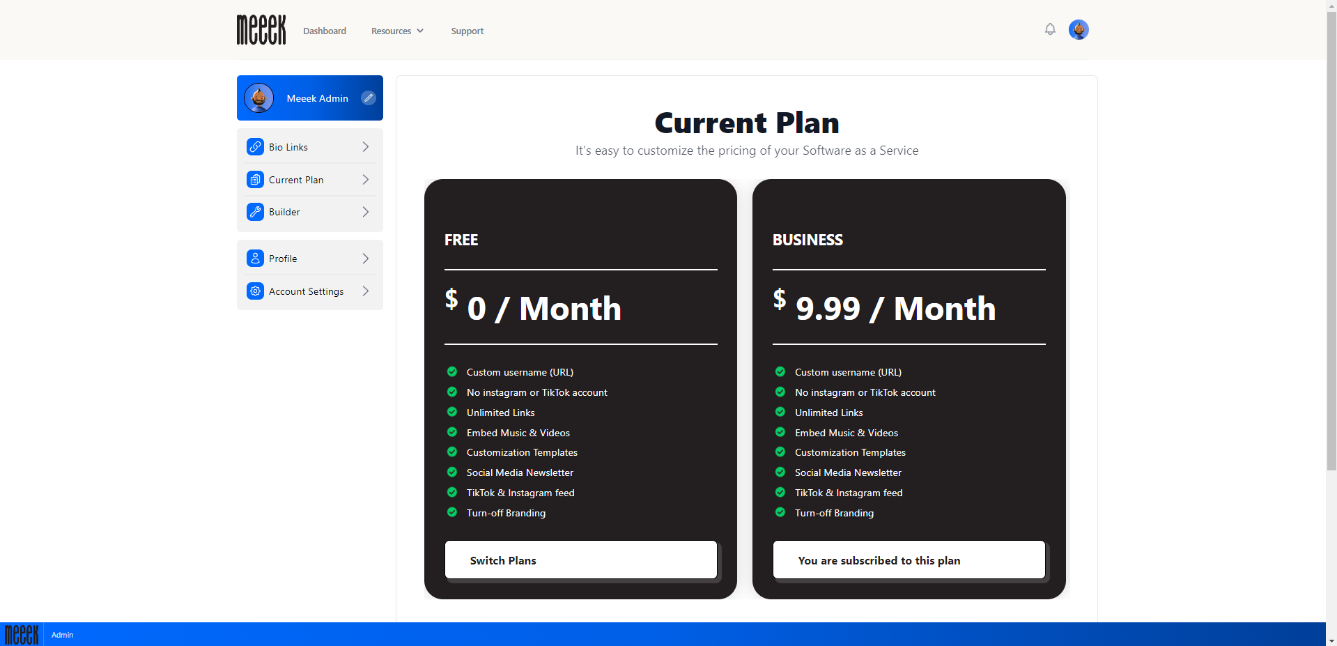 User Dashboard Subscription Plans